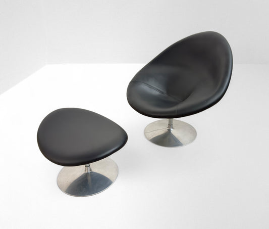 Pierre Paulin, Black Big Globe Lounge Chair with Ottoman