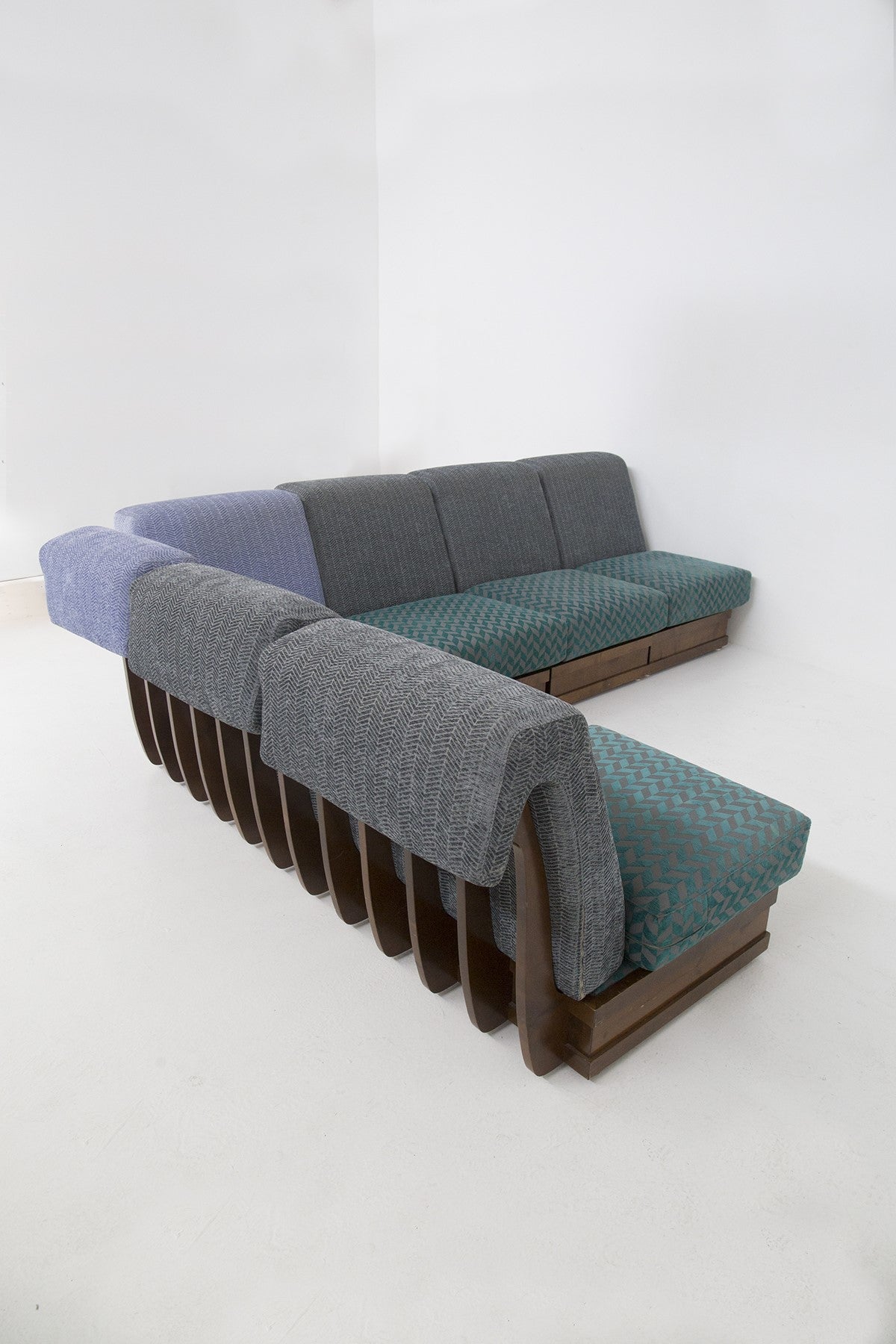 Modular sofa of wood and fabric by Luciano Frigerio, 1970s