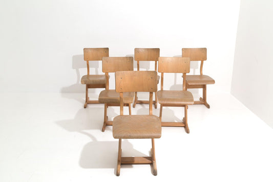Six wooden school chairs. '50s